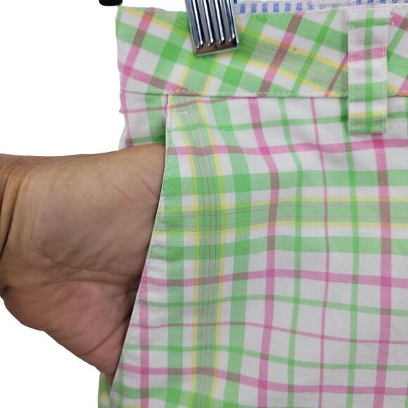 Tommy Hilfiger Golf Shorts 8 Green Pink Plaid High-rise Bermuda Tee Holder - Picture 6 of 13
